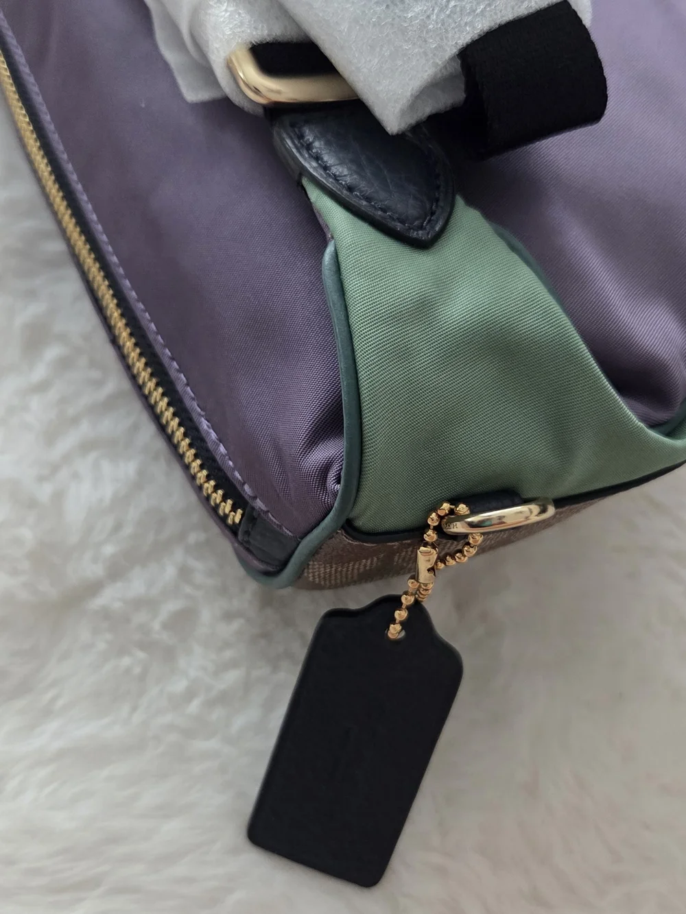 Coach Signature Canvas Belt Bag in Brown with Purple & Pink Trim